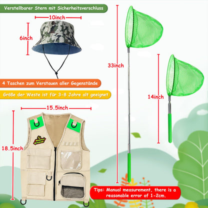 Outdoor Explorer & Bug Catcher Kit with kids vest, binoculars, magnifying glass, butterfly net, hat, and backpack, Adventurer Set gifts for 3-10 year old boys toy
