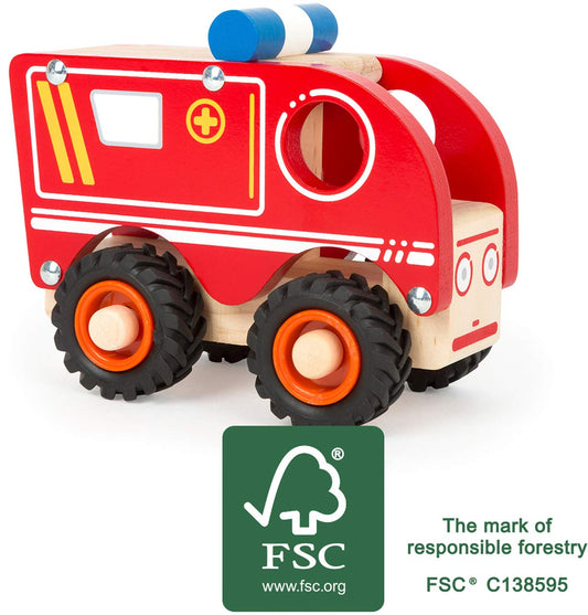 Small foot ambulance wooden emergency vehicle with loading area and rubber wheels, for ages 18 months and up. 11076