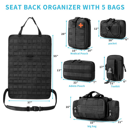 ZACITLEI Universal Tactical Car Seat Back Organizer, Front Seat Back Storage Bag Backseat Protector with 5 Removable Molle Pouch for Most Vehicles