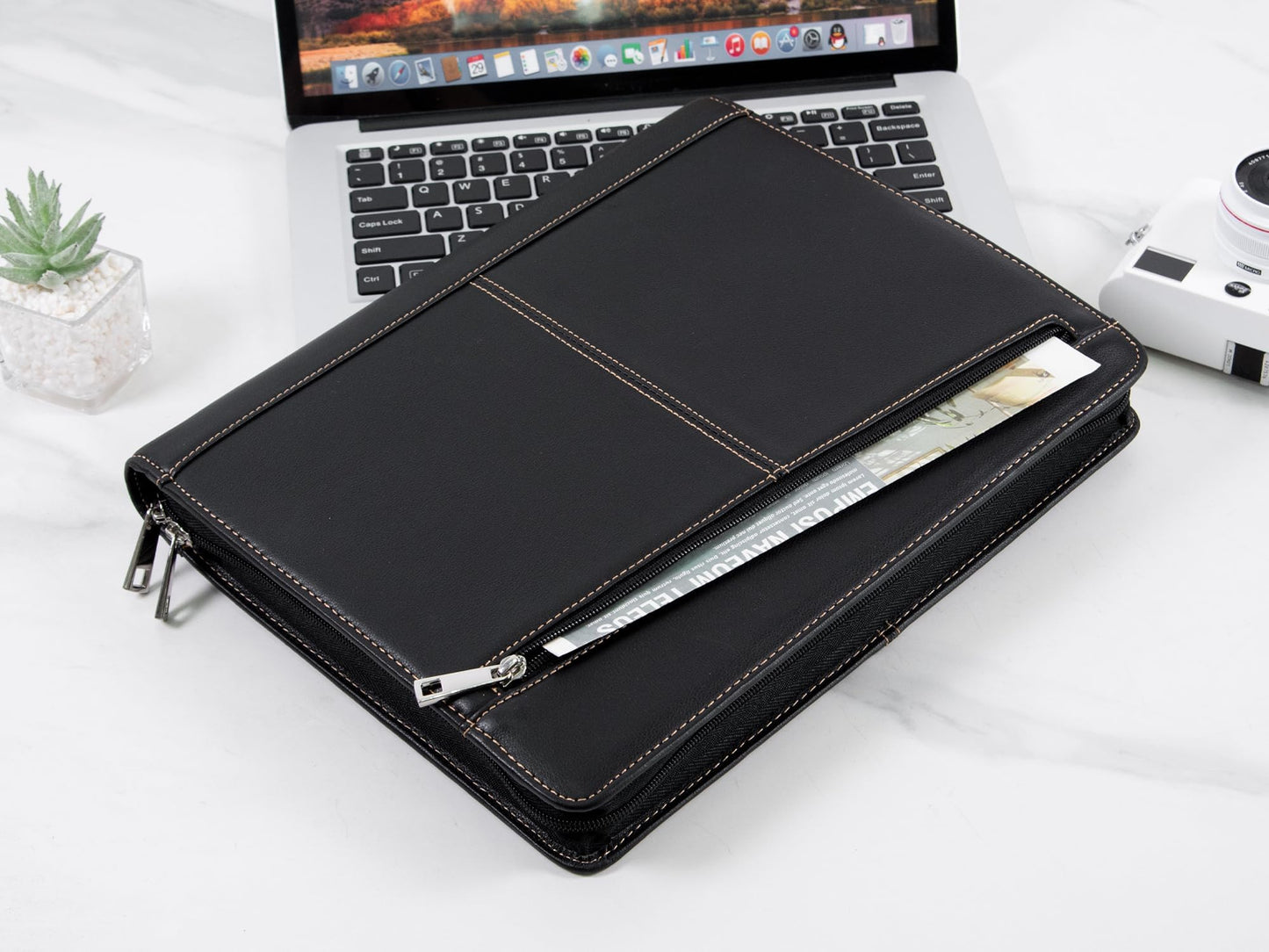 Calfinder conference folder A4 leather with zipper 12.9 inch tablet bag genuine cowhide premium handmade leather portfolio, padfolio, leather folder, document holder, business portfolio, file folder.