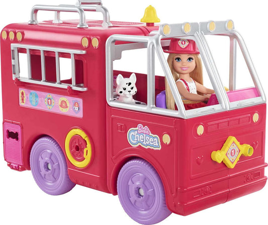 Barbie Chelsea Can Be Series, Chelsea doll with fire truck, firefighter outfit accessories, 12+ pieces including Dalmatian, gift for kids, toy for ages 3+, HCK73.