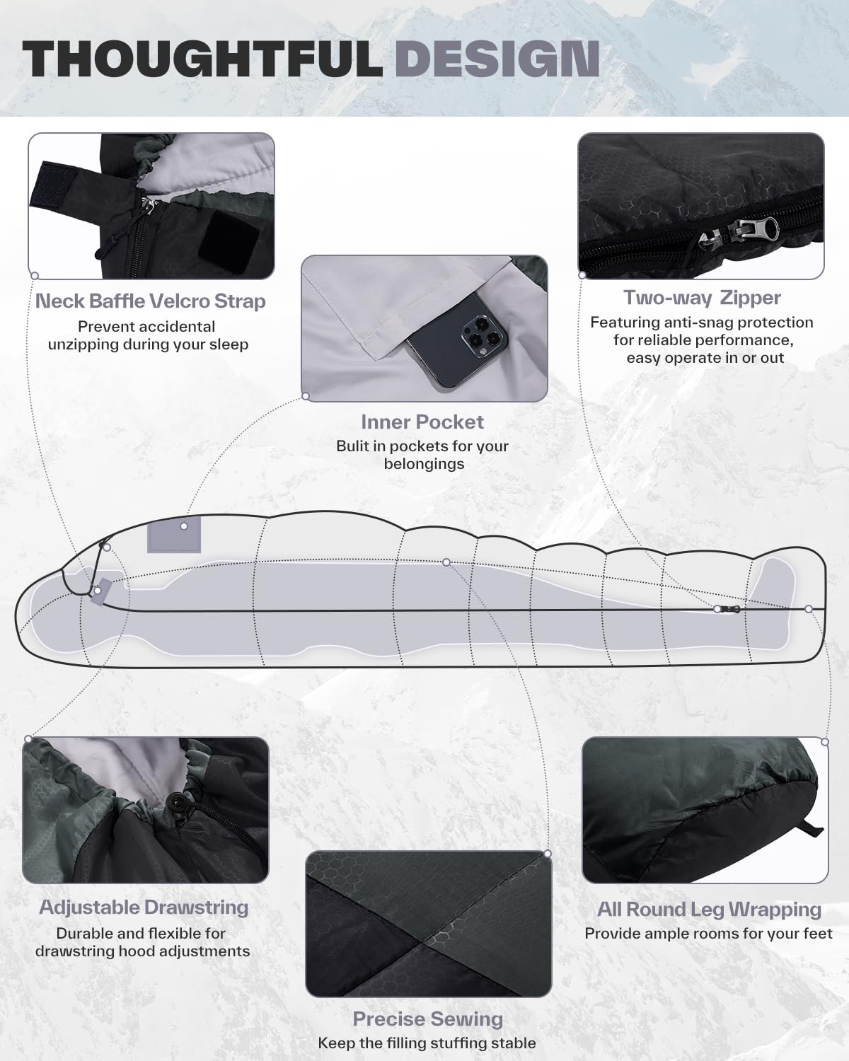 Outdoor mummy sleeping bag: Sportneer 3-4 seasons lightweight water-resistant sleeping bag 5°C - 15°C for travel festival camping indoor compact & ultralight, black+grey.