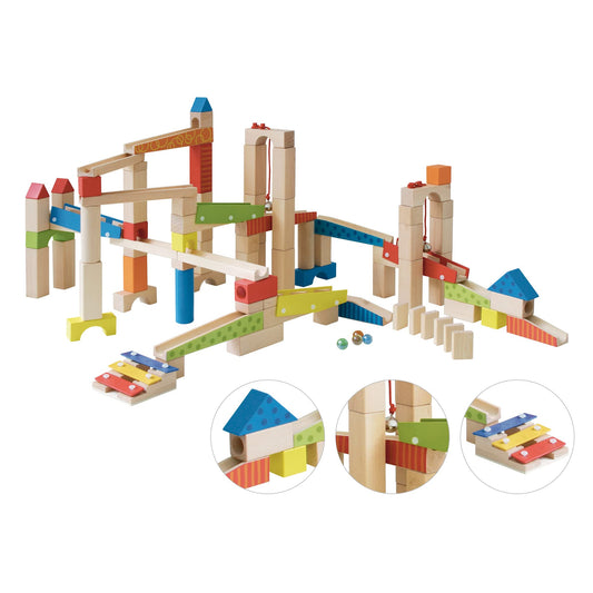 roba Ball track 100 pieces - Large wooden ball track - Marble run including building blocks with sound effects and glass marbles - Motor skills toy adjustable - Colorful wood