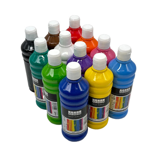 ACRYLIC PAINT SET. 12 colors per 500ml. High-quality and opaque painting colors for wood, stone, canvas, paper, fabric, leather, metal, Pouring. All-purpose colors. Acrylic Primary Colors Set 12 x 500 ml.