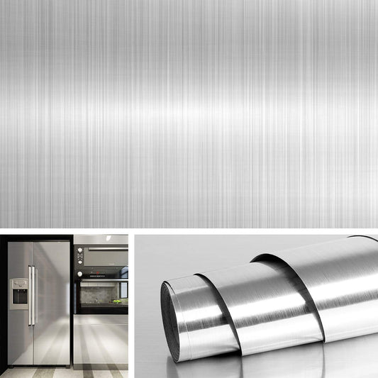 Livelynine 40CMX10M adhesive film silver stainless steel self-adhesive metallic film self-adhesive furniture film refrigerator film dishwasher cabinets splash guard kitchen self-adhesive decorative film