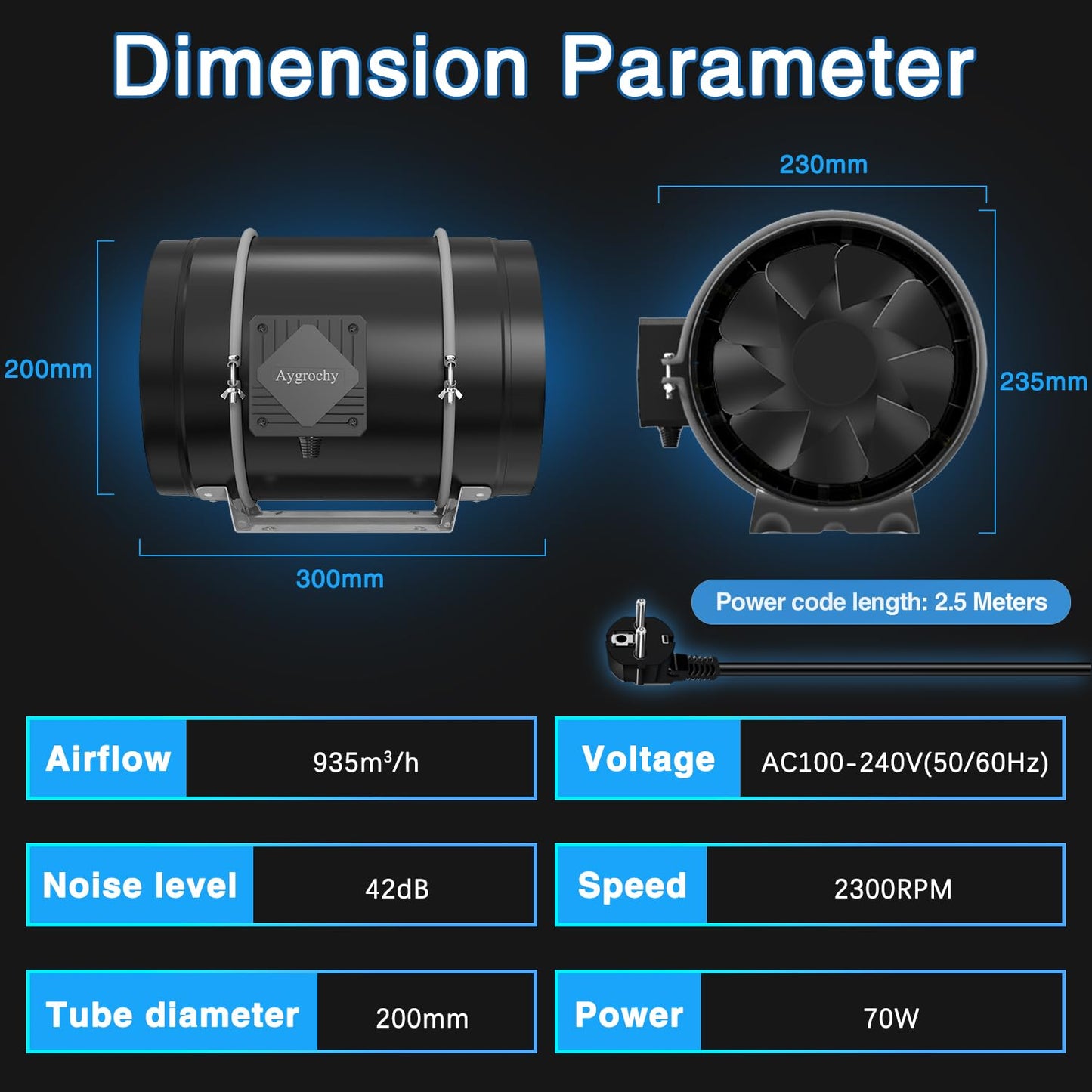 Aygrochy 200mm adjustable duct fan 935 m³/h, EC motor exhaust fan for bathrooms, cooling, boosters, grow tents, hydroponics, home use, ventilation, and exhaust fans.