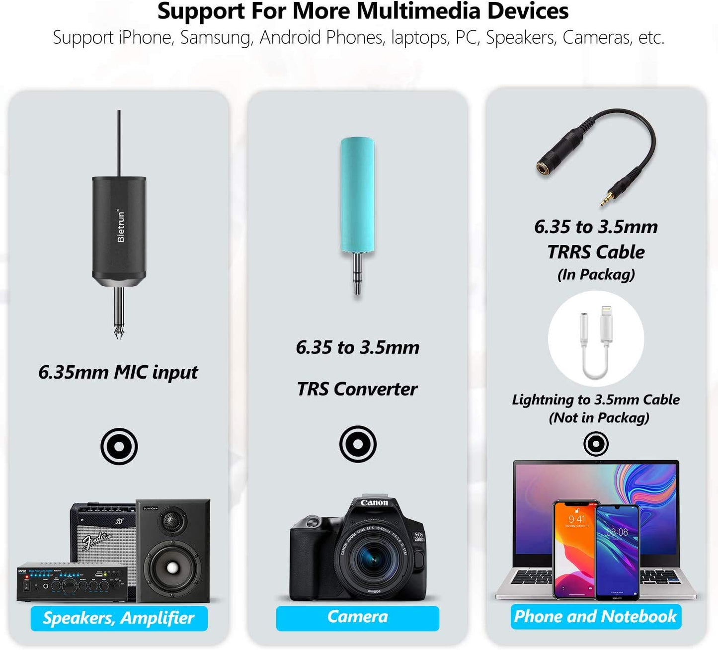 Wireless UHF Lavalier Microphone Headset, rechargeable, 50m range, with 6.35mm/3.5mm plug for amplifiers, PA systems, mixers, PCs, cameras, lectures, vlogs, teaching, interviews.