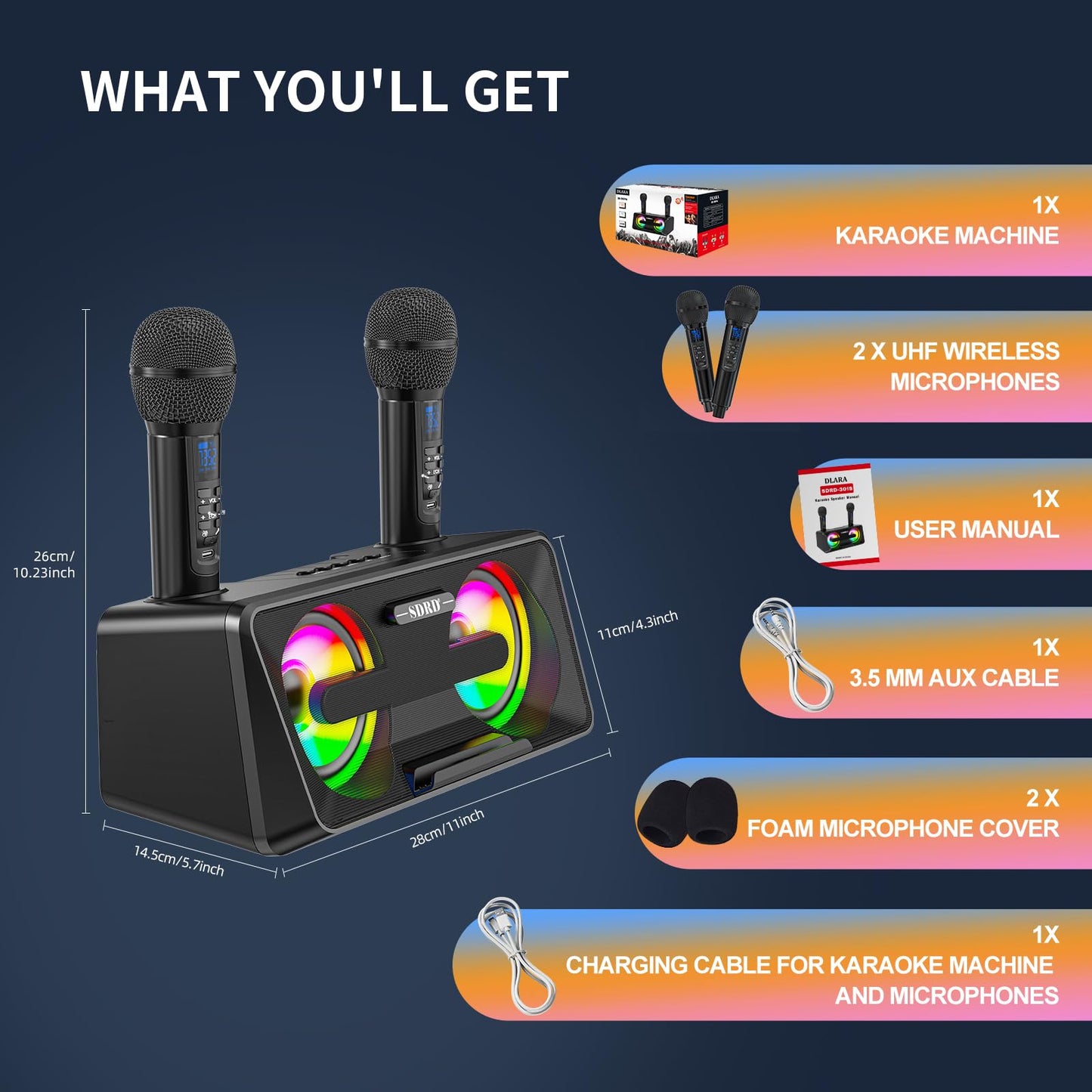 Karaoke Machine for adults and kids with 2 UHF wireless microphones, portable Bluetooth singing speaker, PA system with disco lights, cell phone holder for home, party, picnic (black)