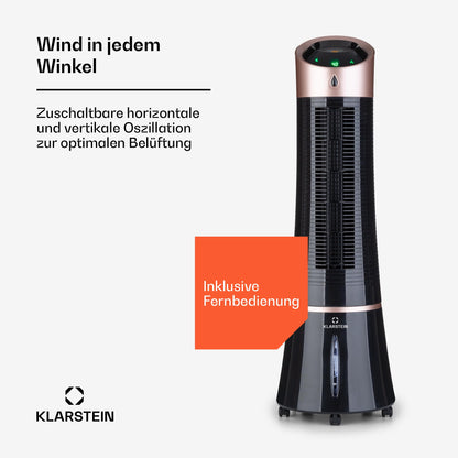 Klarstein 4-in-1: Smart air cooler, fan, humidifier & ionizer I 6L water tank, oscillation, 30W, 210m³/h, timer I Portable air conditioner, no exhaust hose needed I Black-rose gold color.