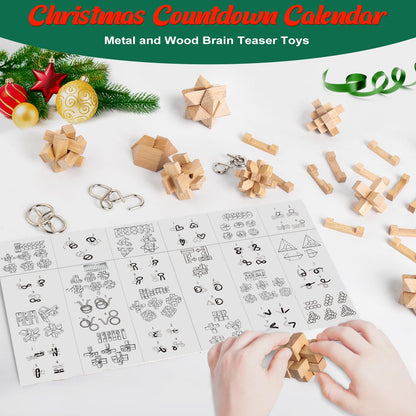 Brain teaser advent calendar 2025 for kids- 24 day Christmas calendar gifts with metal puzzles and wooden 3D puzzles, skill games for boys, girls, teens & adults.
