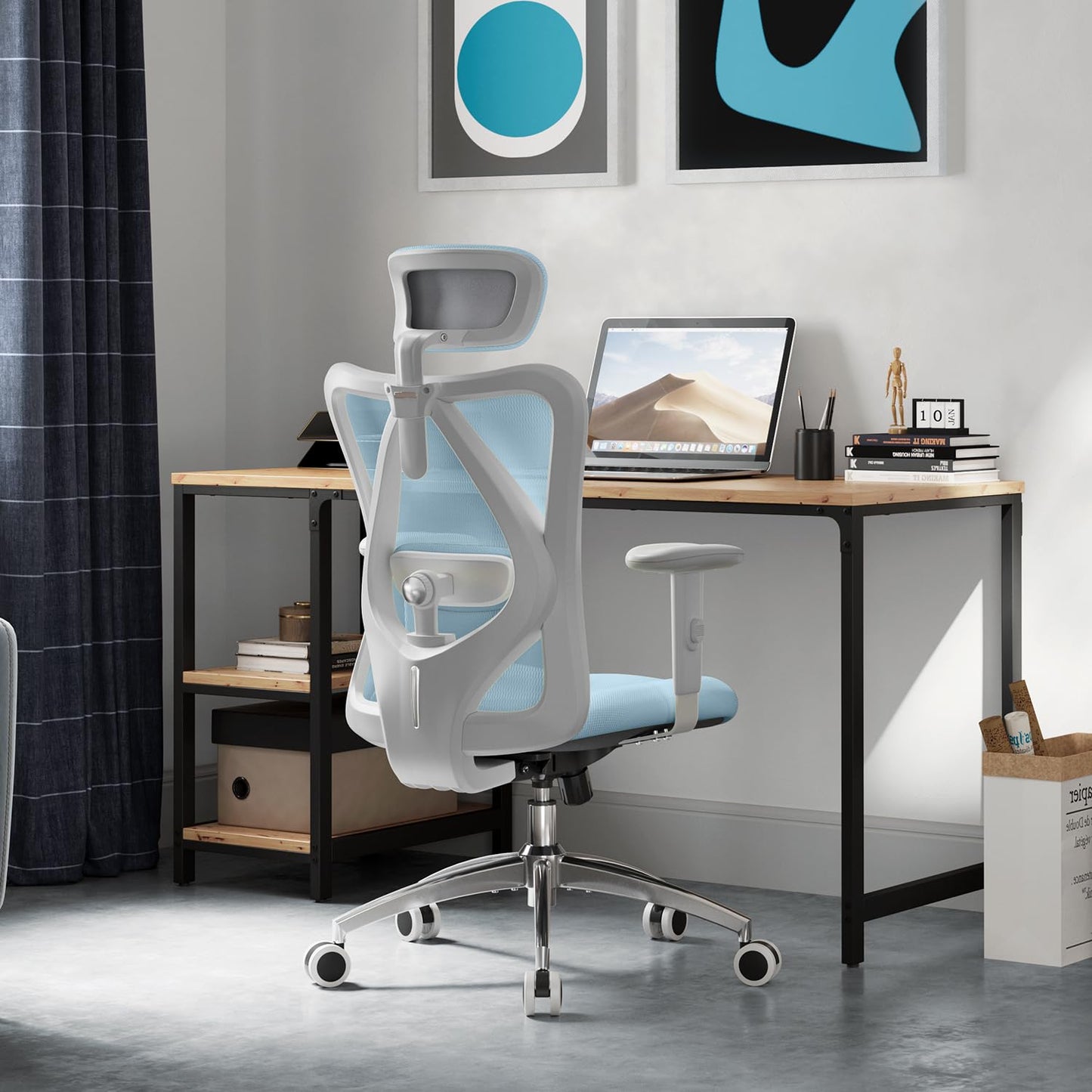 SIHOO M18 office chair ergonomic, computer desk chair with adjustable headrest and lumbar support, high back executive swivel chair for home office (light blue)