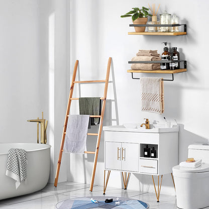 DifferTemp wooden wall shelf with towel holder, hanging shelf, spice rack, bathroom wall shelf, set of 2 wooden wall shelves, 40cm.