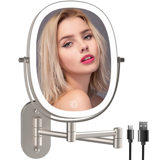 FUNTOUCH USB Rechargeable Makeup Mirror with LED Lighting, 1X/7X Magnification, Dimmable Shaving Mirror 3 Colors, Touch Screen Vanity Mirror, 360° Rotatable, Wall Mirror for Bathroom and Hotel