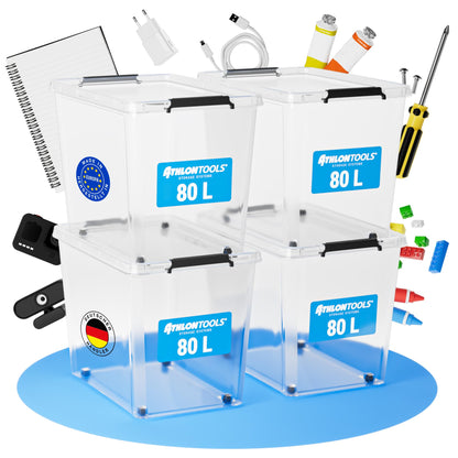 ATHLON TOOLS 4x 80L storage boxes with lids, food safe - snap-on clips - 100% new material plastic box transparent - stackable clothes boxes