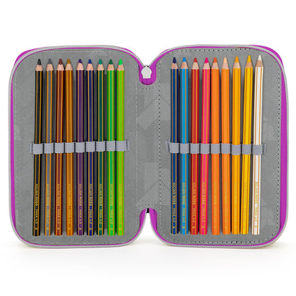 Girl 3-compartment pencil case - 45 pieces, fully filled - with 2 erasable gel pens, scissors, glue, colored pencils - ideal for school & as a gift - Julian Ross Hearts and Stars