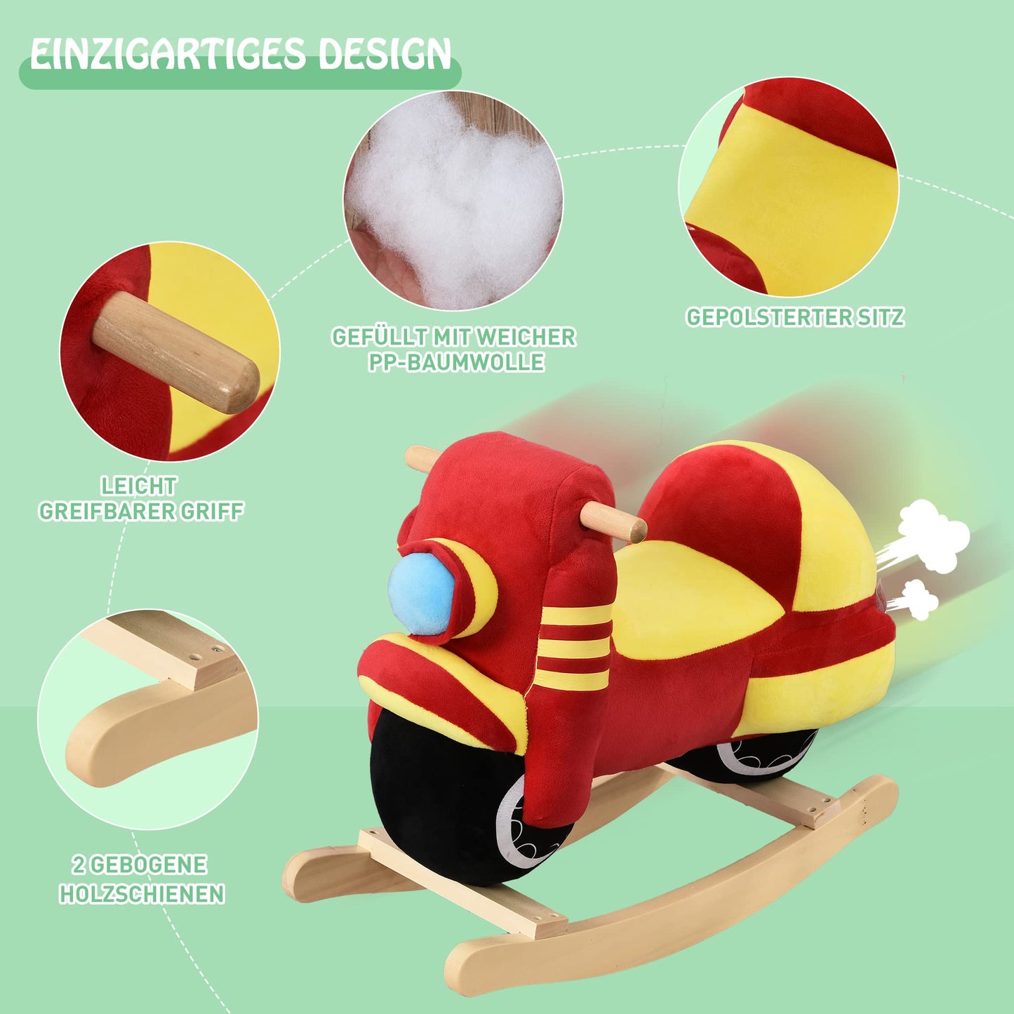 HOMCOM Kids Rocking Horse Baby Rocking Animal Motorcycle with Motorcycle Sound, Rocking Toy Handles for 18-36 Months Plush Red+Yellow 60x25.5x48 cm