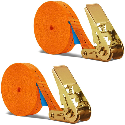 2 pieces of 12m long ratchet tie-down straps, Basicon 800KG ratchet straps with 25mm wide ratchet and adjustable fastening straps for secure cargo transport.