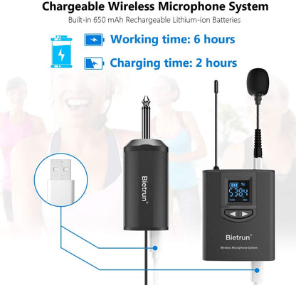 Wireless UHF Lavalier Microphone Headset, rechargeable, 50m range, with 6.35mm/3.5mm plug for amplifiers, PA systems, mixers, PCs, cameras, lectures, vlogs, teaching, interviews.