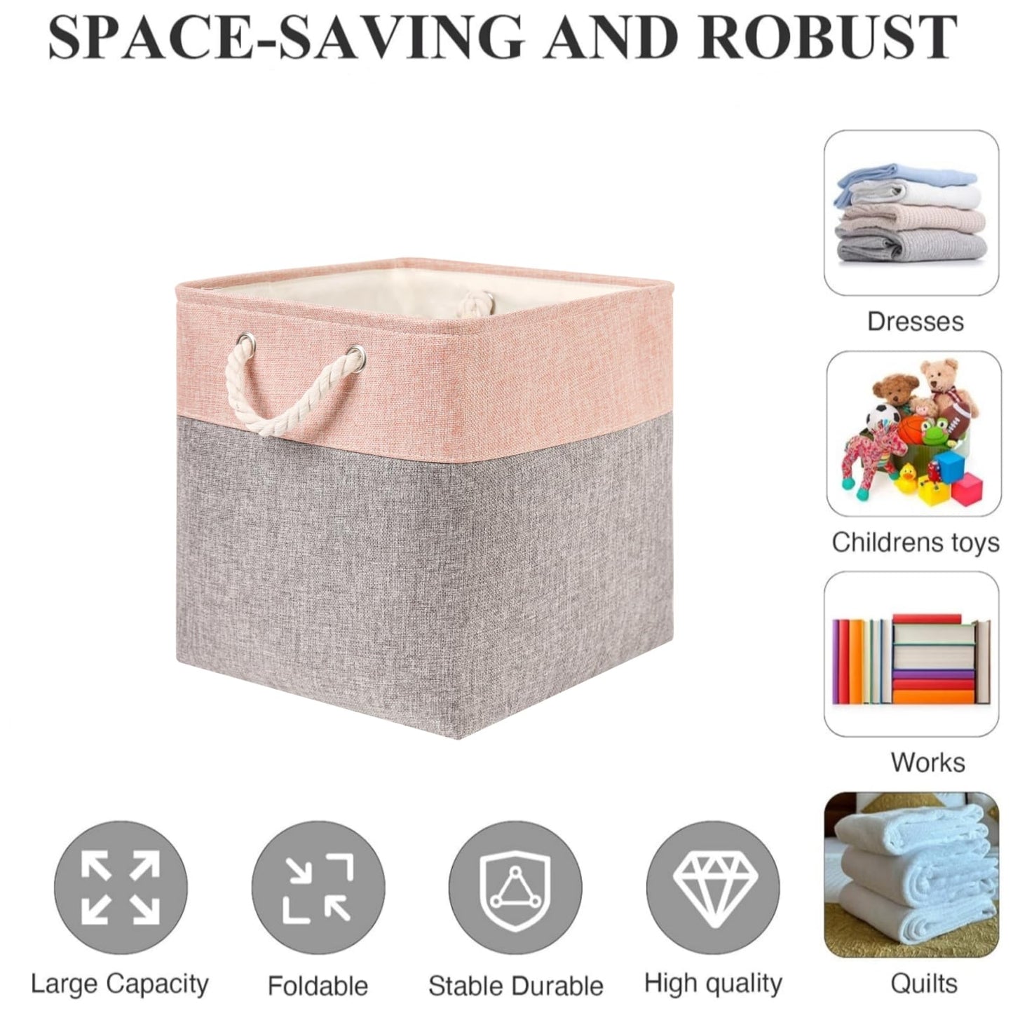 Mangata canvas storage boxes, 30 x 30 x 30 cm, fabric bins for shelves, organizing clothes, kids room, home (gray/pink, 3 pack)