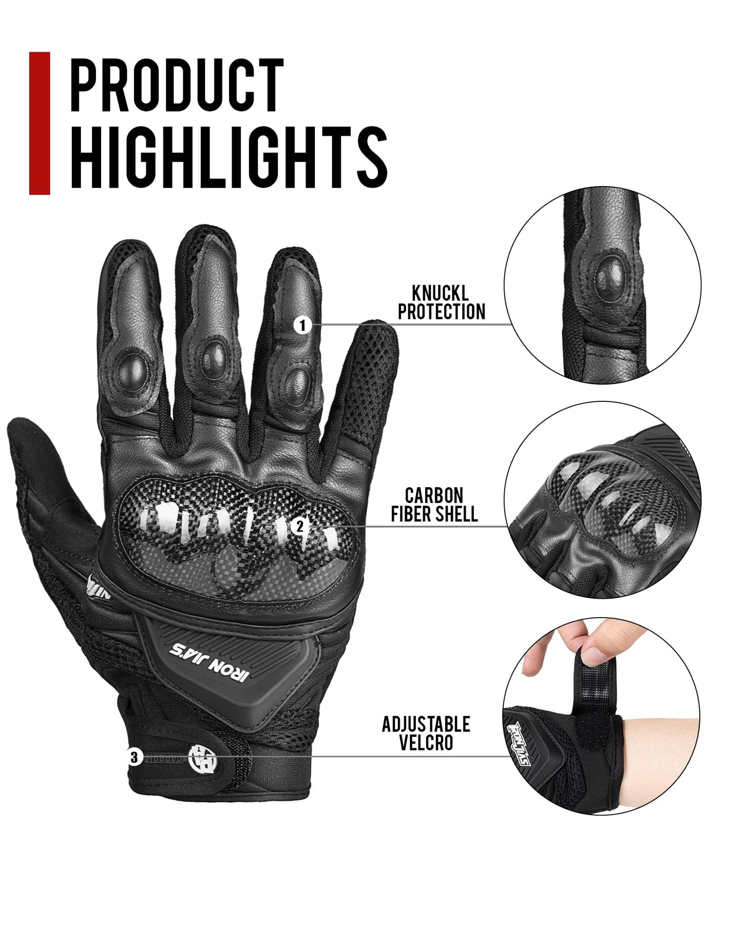 BORLENI Motorcycle Gloves Breathable Full Finger Leather Motorbike Gloves Knuckle Protection Pad Touchscreen