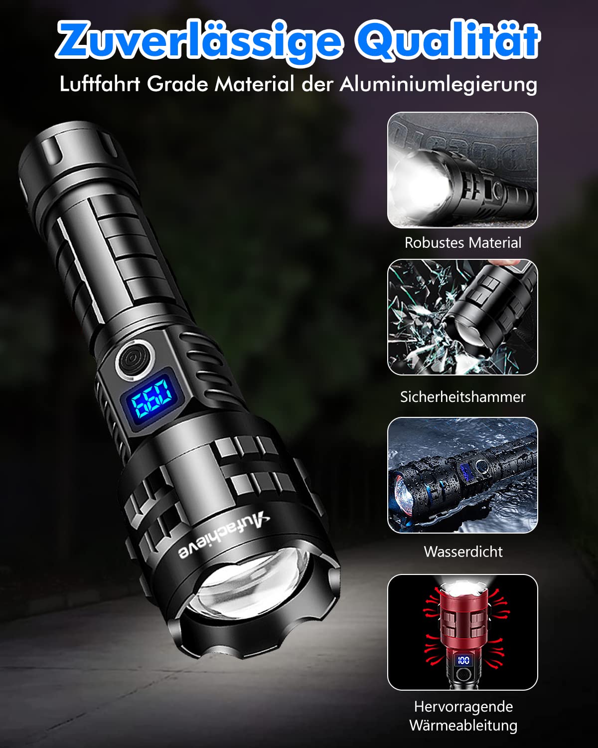 LED flashlight 15000 lumens, battery operated USB rechargeable, XHP70.2 LED flashlight extremely bright, tactical with holster, waterproof 5 light modes flashlights