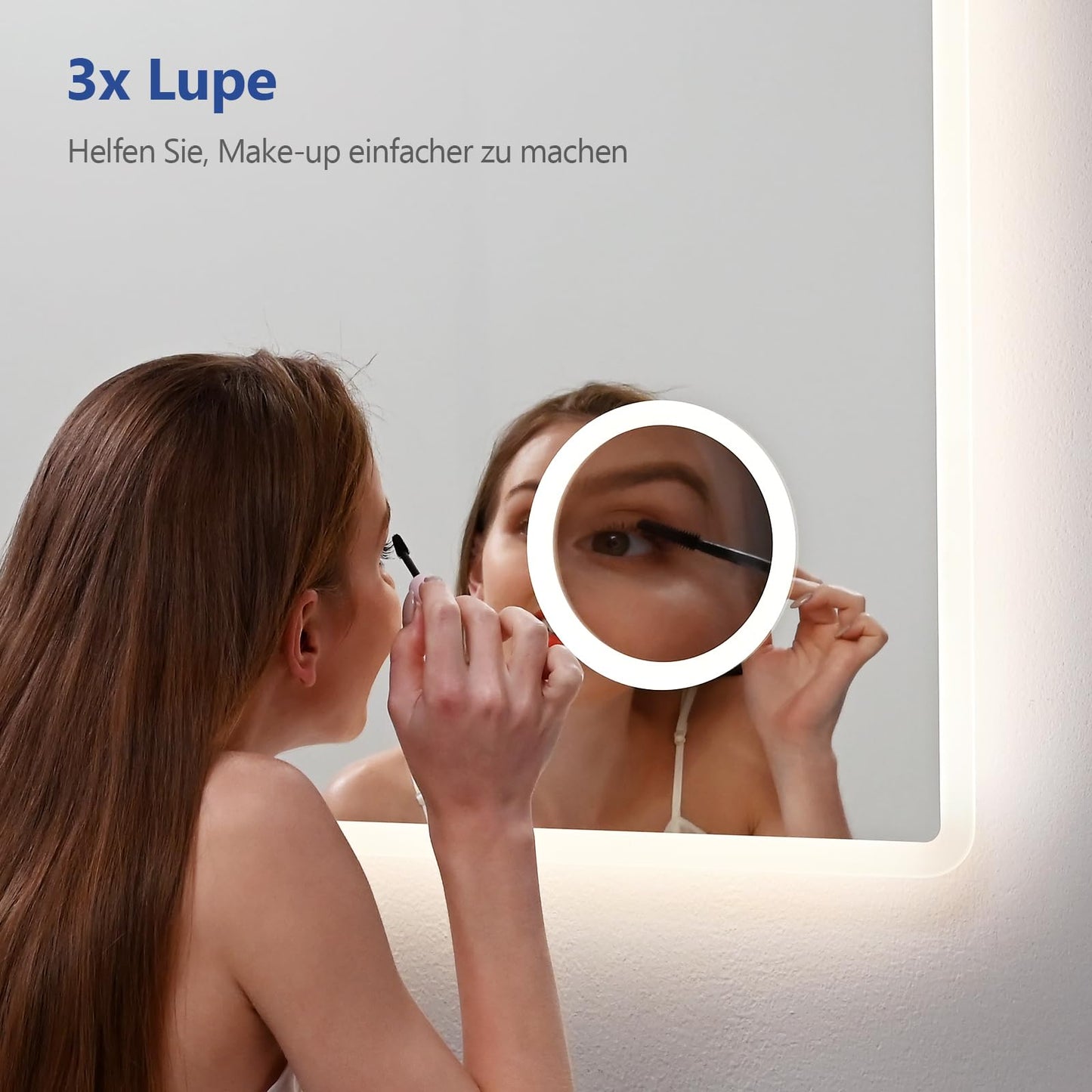 Meykoers LED bathroom mirror with lighting wall mirror 90x70cm bathroom mirror with touch switch fog-free clock and cool white light 6500K energy saving IP44