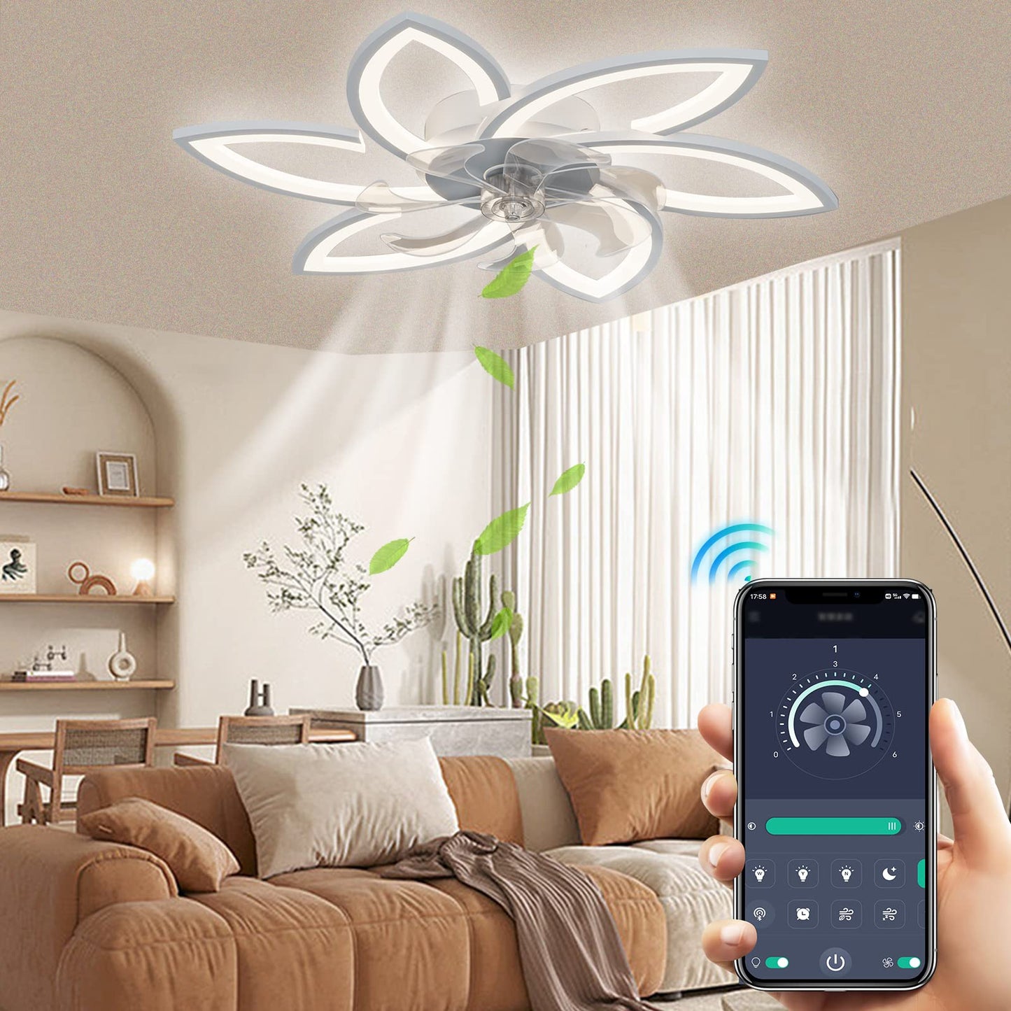 Wildcat ceiling fan with lighting, quiet modern LED with remote control timer, flower shape design ceiling fan light for bedroom kitchen
