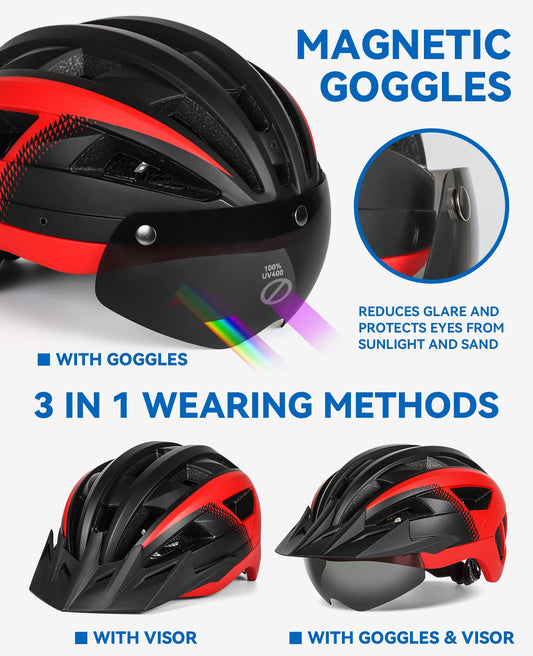 FUNWICT bike helmet with visor for men and women, lightweight helmet with magnetic goggles and USB rechargeable LED light, stylish mountain bike helmet (L: 57-61 cm, black red)