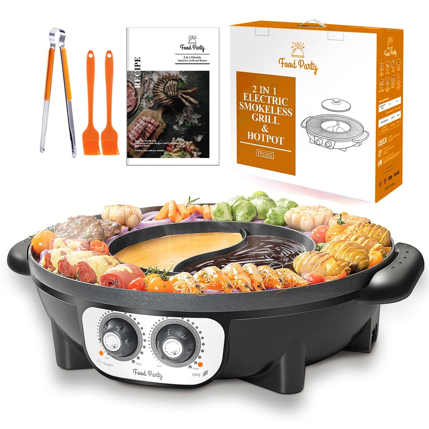 Food Party Hot Pot and Tabletop Electric Grill 220V 2200W 2 in 1 Electric Hot Pot Indoor Korean BBQ Grill Thai Barbecue Fondue Raclette XXL for 8 People