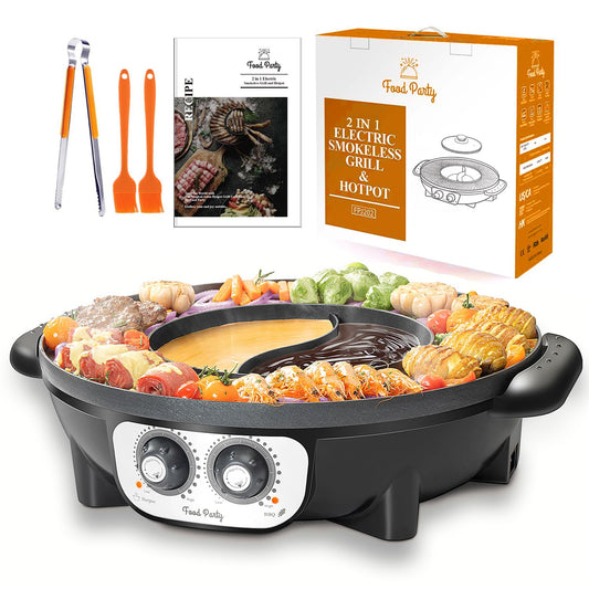Food Party Hot Pot and Tabletop Electric Grill 220V 2200W 2 in 1 Electric Hot Pot Indoor Korean BBQ Grill Thai Barbecue Fondue Raclette XXL for 8 People