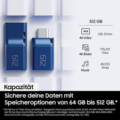 Samsung USB-C flash drive, 512GB capacity, with read speeds up to 400MB/s and write speeds up to 110MB/s. Compatible with notebooks, tablets, and smartphones. Color: Titan Gray. Model: MUF-512DA4/APC.