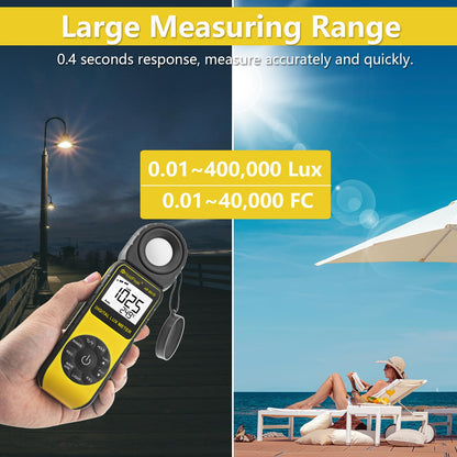 Digital light meter HoldPeak 881D 0.01~400,000 Lux, Lux meter 270° rotatable probe with data storage, Lux light meter for plants/LED lights/digital photography.