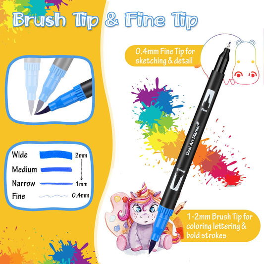 Mzh Art Dual Brush Pen Set 120 Colors Dual Tip Markers, Drawing Pens for Kids and Adults, Fiber Pens and Fineliner Set for Watercolors, Handlettering Mandala Calligraphy Manga, 0.4 & 1-2mm