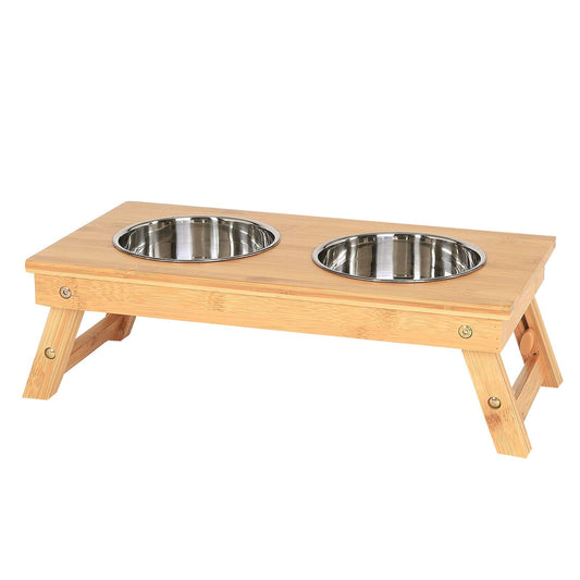 Lionto adjustable dog bowl made of durable bamboo, 45x23 cm, height 14.5-18.5 cm, double feeding bowl for dogs & cats, 2 dishwasher-safe stainless steel bowls with a capacity of 15 cm in diameter and 700ml each.