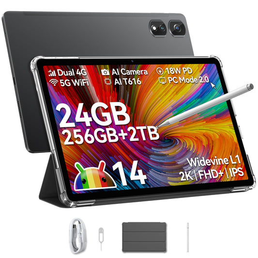 Blackview Tablet 11 inch Tab16Pro Android 14 tablet 24GB RAM 256GB ROM (2TB TF) 4G LTE 5G WiFi Tablet with pen and case, 13MP+8MP, 7700mAh, 2K Display Widevine L1, GPS
