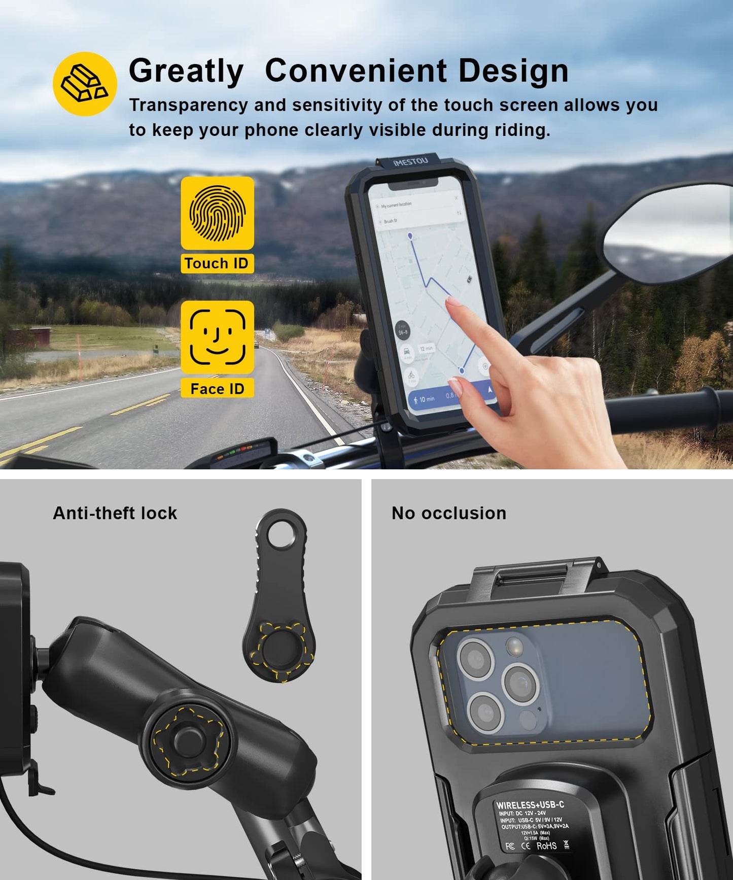 iMESTOU waterproof motorcycle phone mount bike phone holder 1" ball handlebar stem mobile holder anti-theft 720° rotation aluminum base for 5.5"-6.8" cellphones (L)