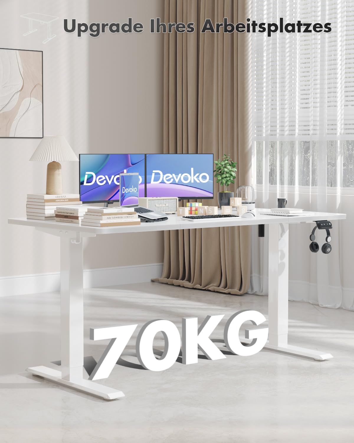 Devoko Height Adjustable Desk, Electric Standing Desk Adjustable Height Table, Sit-Stand Office Desk, Computer Desk with Memory Function, Standing Desk, Office Desk, 100 x 60 cm, White