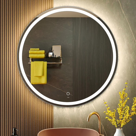KWW 80cm LED Round Bathroom Vanity Mirror, Adjustable Color Temperature, Anti-Fog Dimmable Lights, Wall Mounted Makeup Mirror with Smart Touch Button
