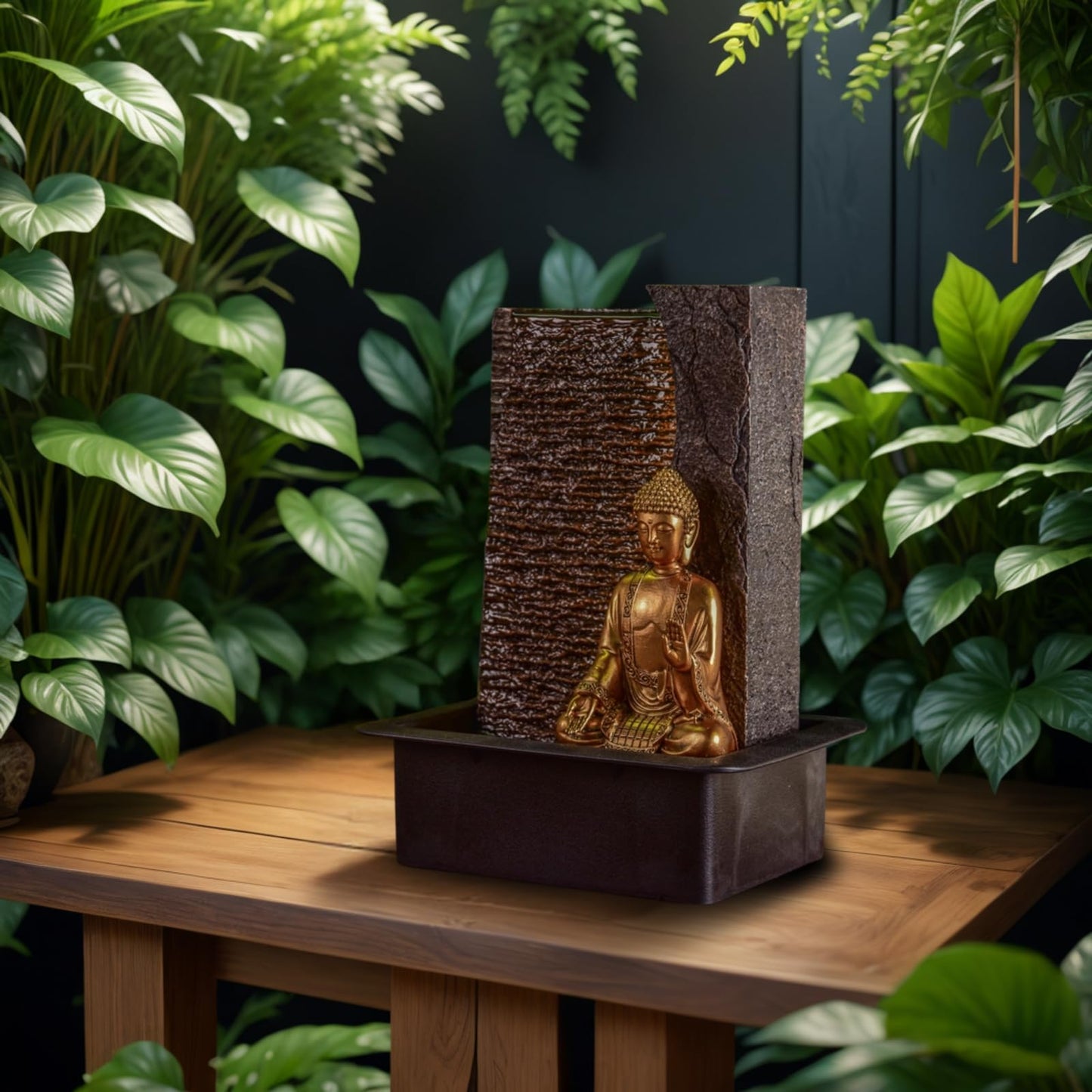 Zen'Light - Buddha Jati room fountain with removable yellow LED strip - Zen decor ideal for meditation and relaxation - Quiet water pump - Lucky fountain with closed circuit - H 40cm