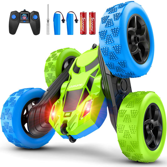 Cosone Remote Control Cars, 2.4GHz Remote Controlled Car Toy with headlights, All-wheel Drive Off-road Stunt Car, Double-sided 360° Rotation, Birthday Gifts for Boys 6+ years old (Blue-Green)