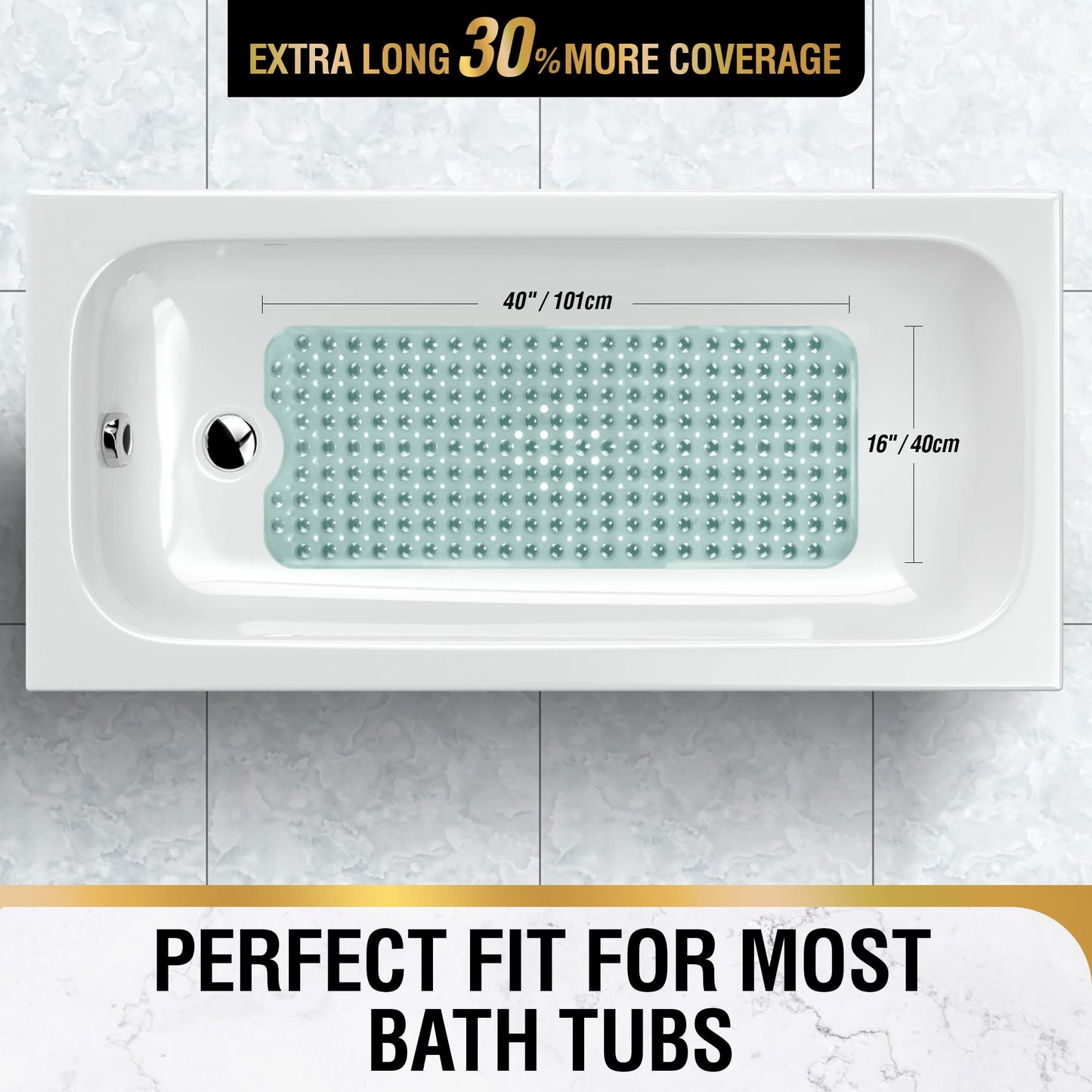 HITSLAM non-slip bathtub mat, 101 x 40cm extra long anti-slip mat for bathtub, non-slip shower mat BPA free, mold resistant & machine washable bath mat, green
