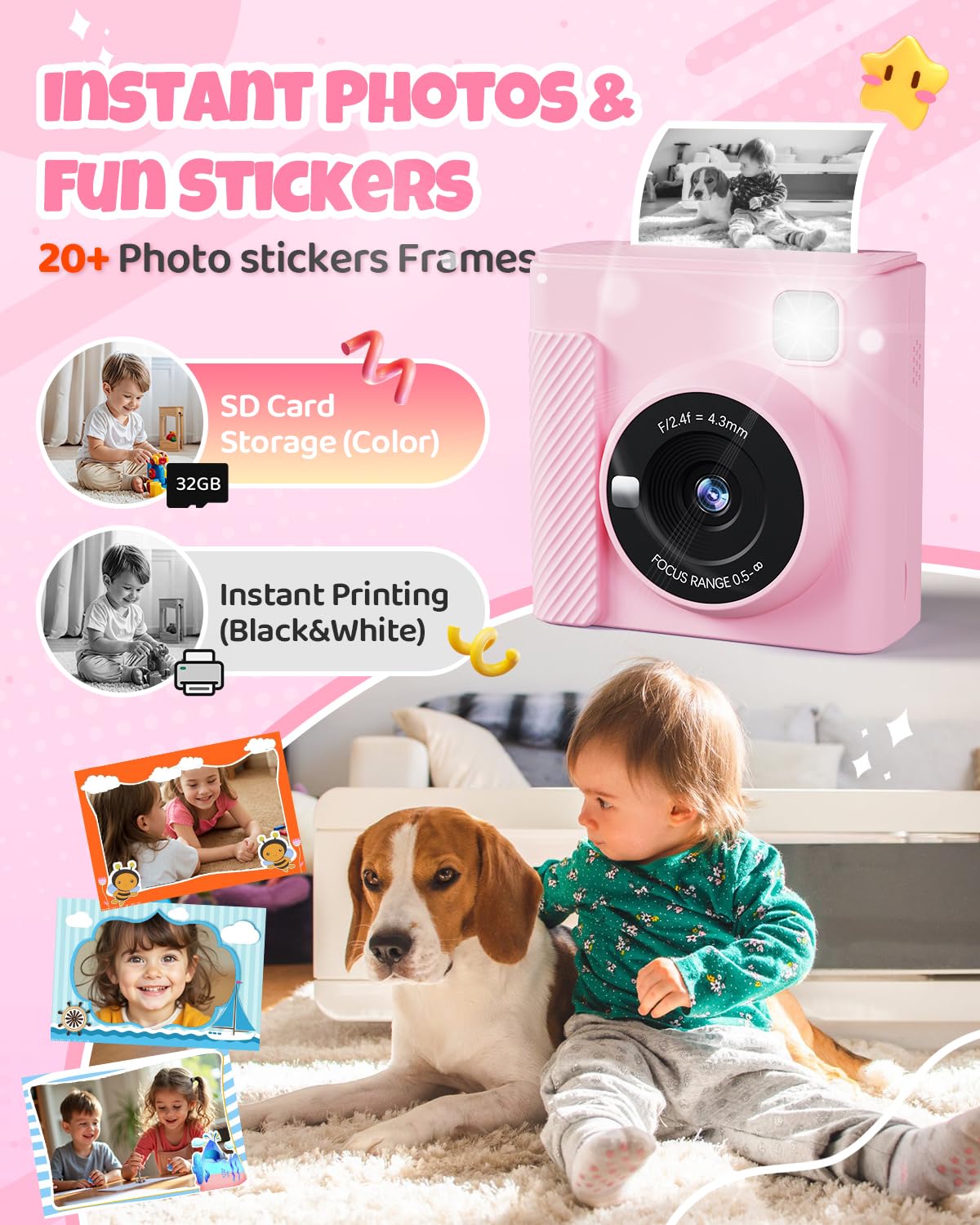 TIATUA Kids Camera Instant Camera, 2.4 Inch Instant Camera for Kids with 32G Card and Photo Paper Printing, 1080P HD Digital Camera for Kids, Gifts for Boys and Girls 3-12 Years (Pink)