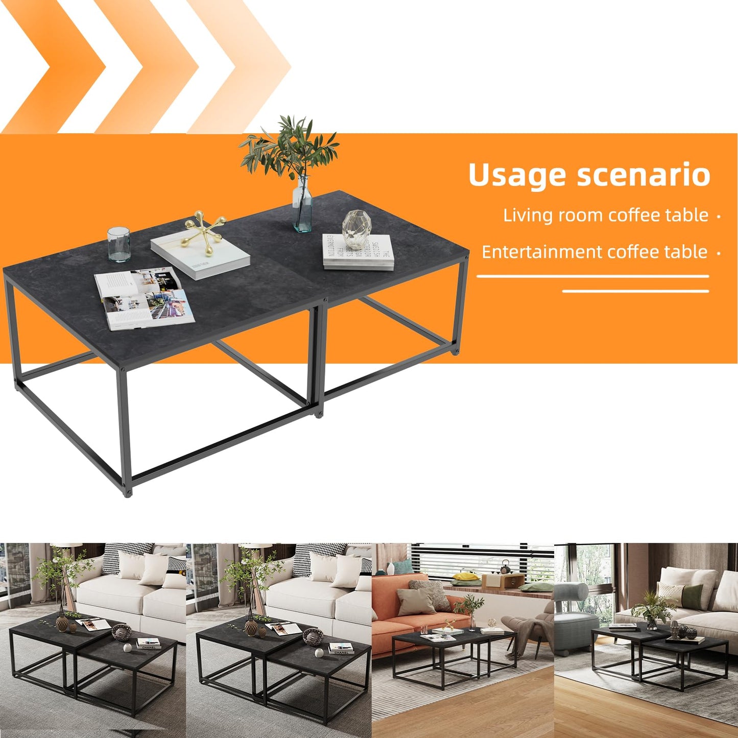 FATIVO Coffee Table Black Marble Living Room Table: set of 2 side tables modern square with metal frame for large living room: 65×65×40cm small: 60×60×34cm
