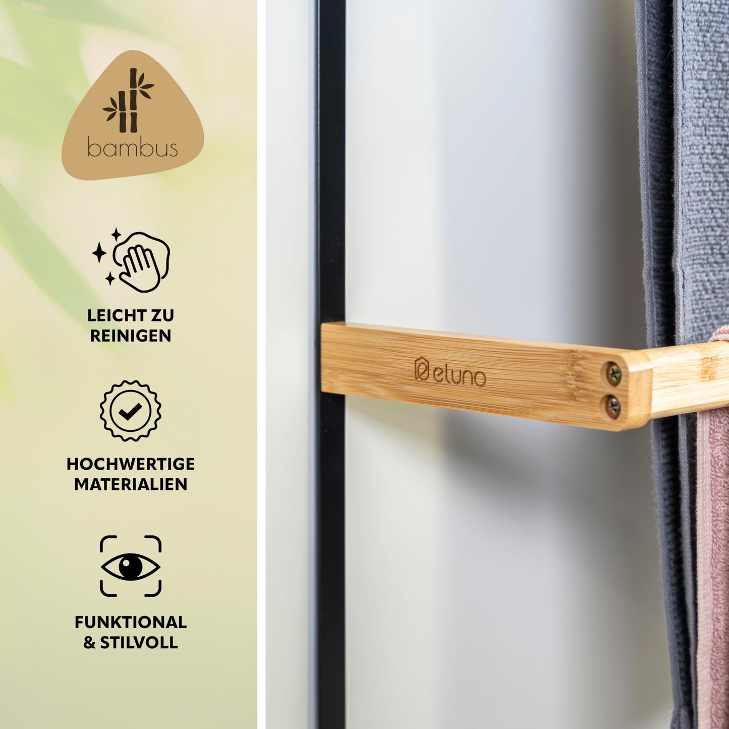 eluno Over-the-Door Hanging Shelf made of metal and bamboo, door towel holder with 3 towel bars, 4 handy hooks, for hanging without drilling (Black)