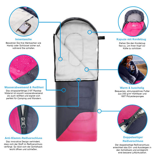 Active Era Premium Mummy Sleeping Bag 250 GSM, Winter & Summer Sleeping Bag, 0°C to 15°C, Indoor and Outdoor Camping, Festivals, Sleeping Bag Water-resistant, Ultralight, Small Pack Size - Pink