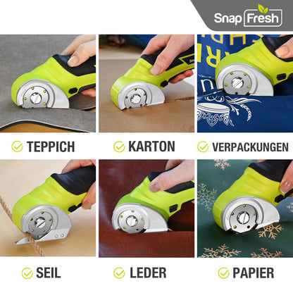 SnapFresh Cardboard Cutter Electric Scissors 4V Cordless Rotary Cutter Universal Cutter Rotation Cutter - 2 Self-sharpening Blades - for Paper, Cardboard, Carpet, Leather, Felt, Plastic