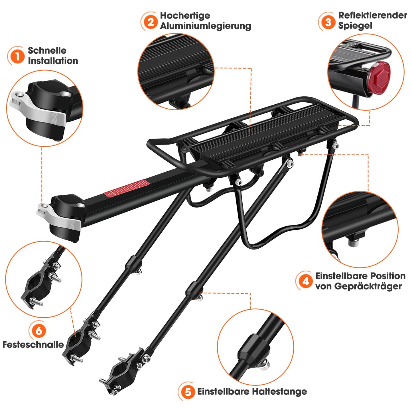 Bike rack 24-29 inch, Adjustable mountain bike luggage carrier, Universal lightweight aluminum alloy bicycle rack with a maximum load capacity of 100kg, Rear rack with reflector.