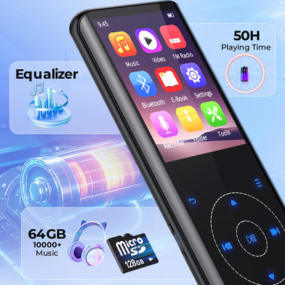 64GB MP3 Player Bluetooth 5.3, HiFi Music Lossless Sound, Metal Housing Built-in HD Speaker, Touch Button, Speaker, Voice Recorder for Sports, Running, expandable up to 128GB (64GB Black)