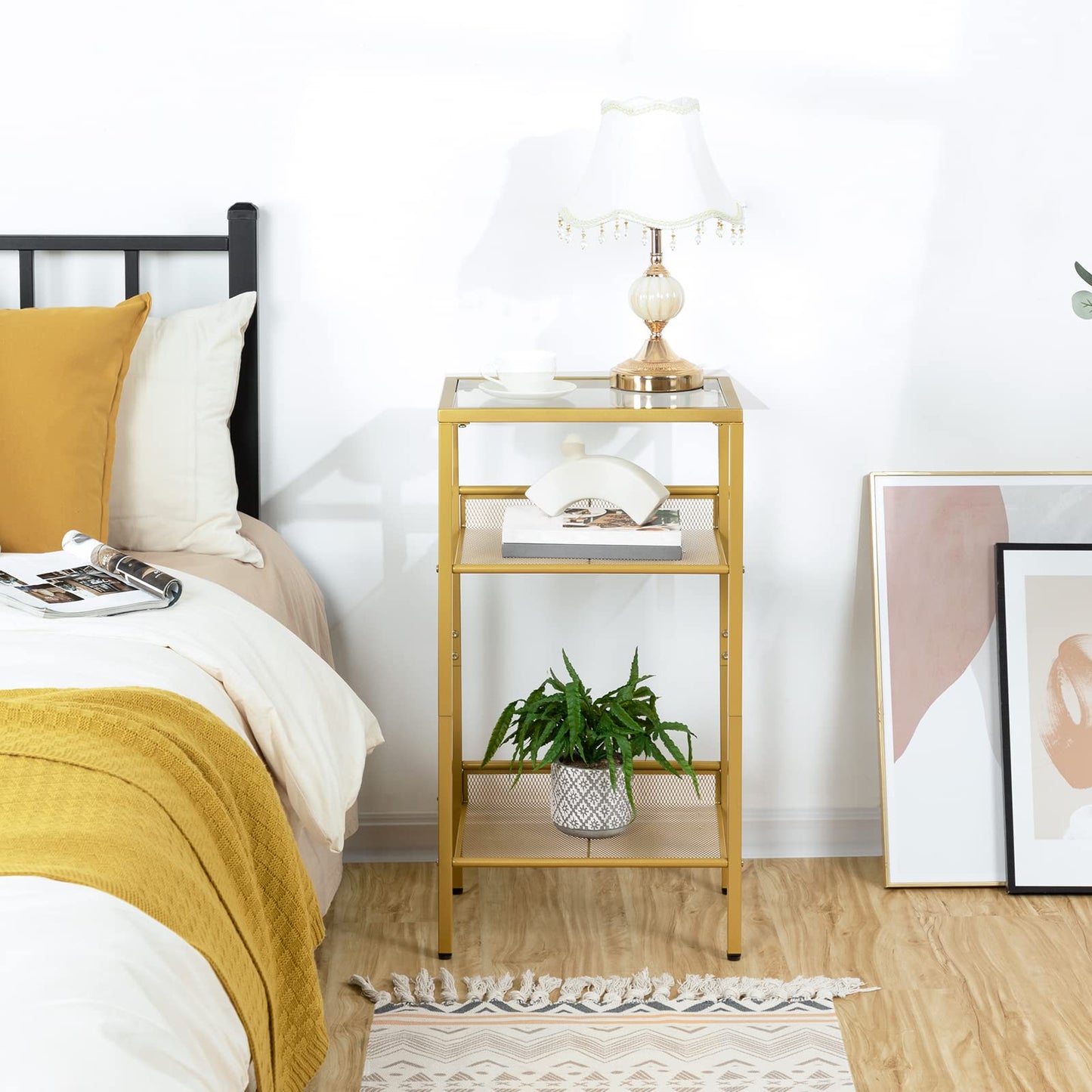 HOOBRO Side Table Gold, Telephone Table, 3-Tier Nightstand with Tempered Glass Top and Grid, Coffee Table for Living Room, Bedroom, Gold Color EGD04DH01
