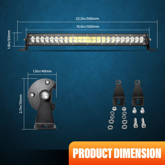 RIGIDON 20 inch 50 cm 144W Spot outdoor aluminum LED light bar, 12V 24V Waterproof warm white off-road lighting for car SUV off-road ATV SUV truck tractor vehicles 4x4, LED fog lights 6000K.
